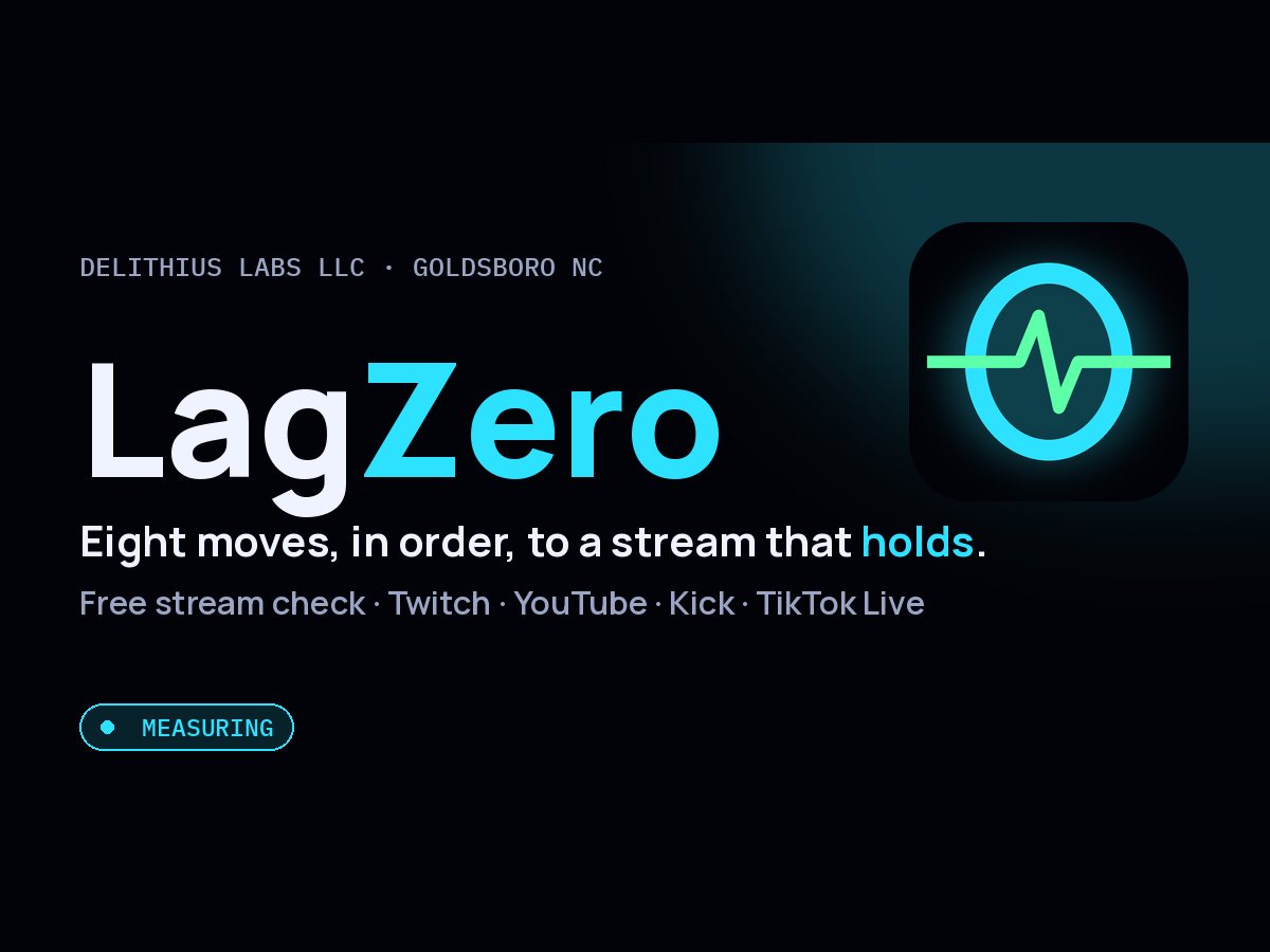 LagZero: eight moves, in order, to a stream that holds. Free stream check for Twitch, YouTube, Kick and TikTok Live